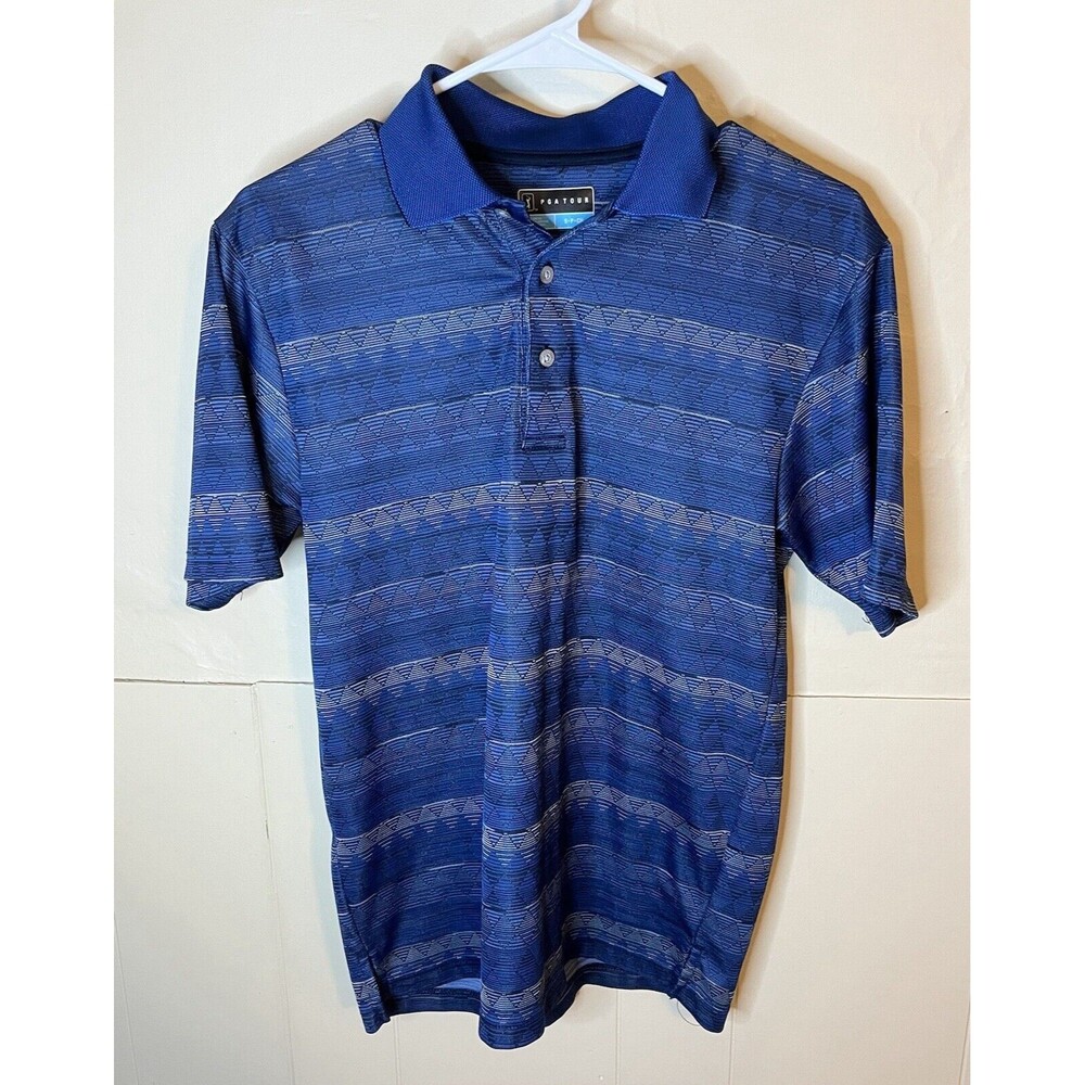 PGA Tour Men's Small Blue Striped Short Sleeve Dri Fit Polo Shirt 100% Polyester